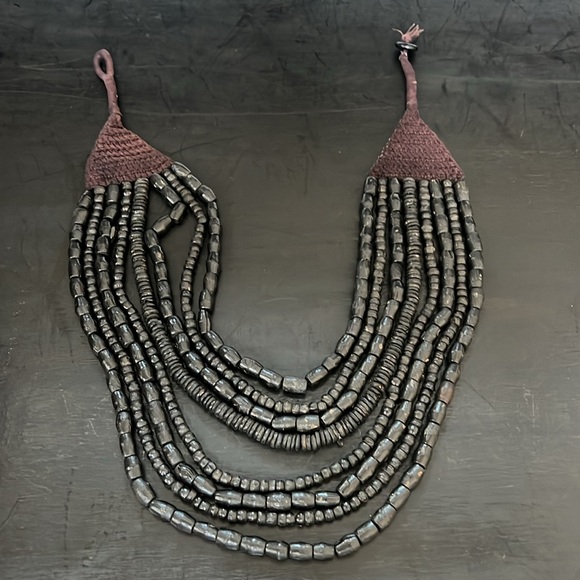 Black Dark Brown Wood Beaded Necklace 8 Strand Rounded Crochet Side Details - Picture 12 of 12